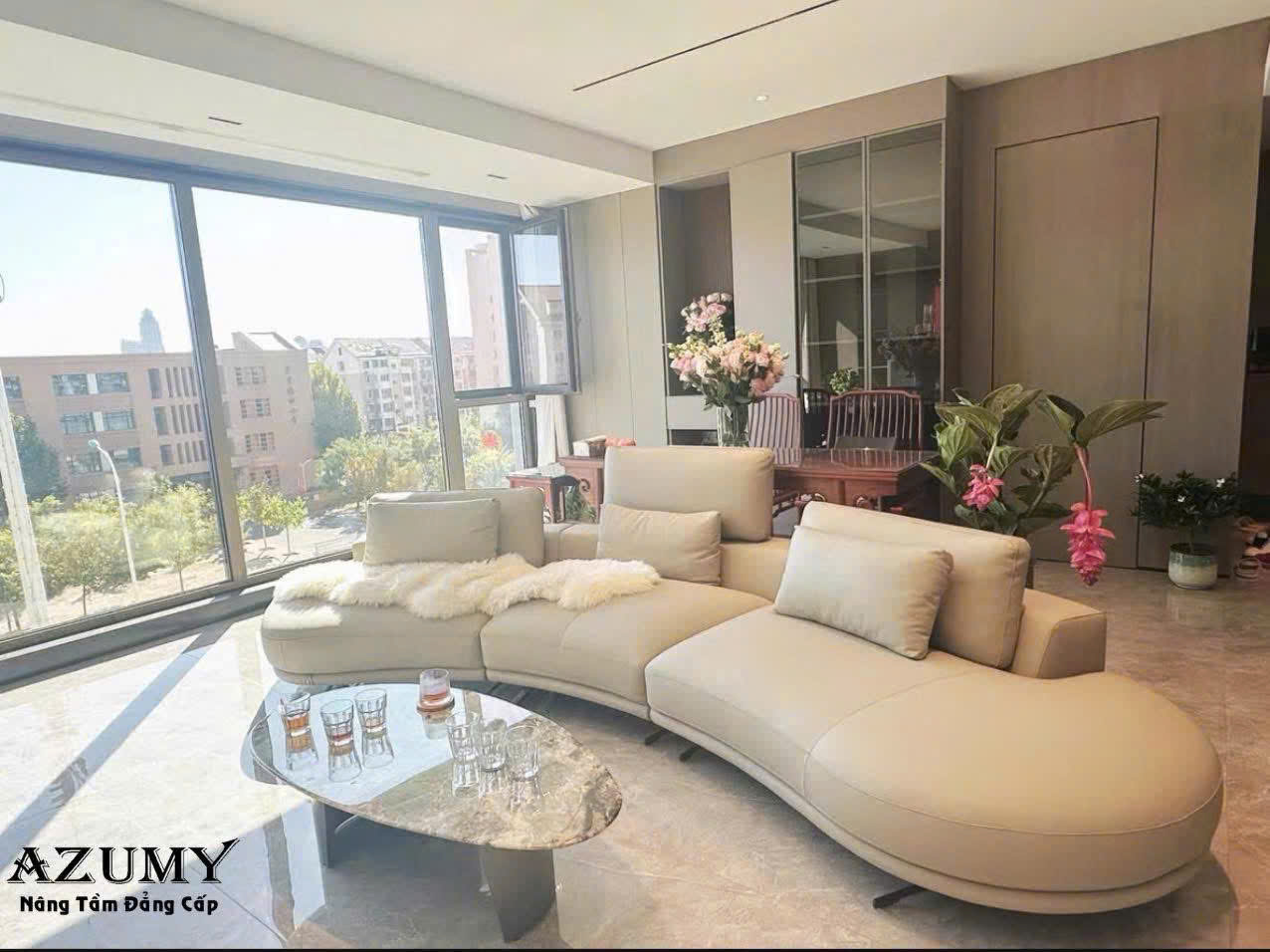 Ghế sofa da toàn bộ tối giản kiểu Ý hiện đại nằm ngang hình vòng cung